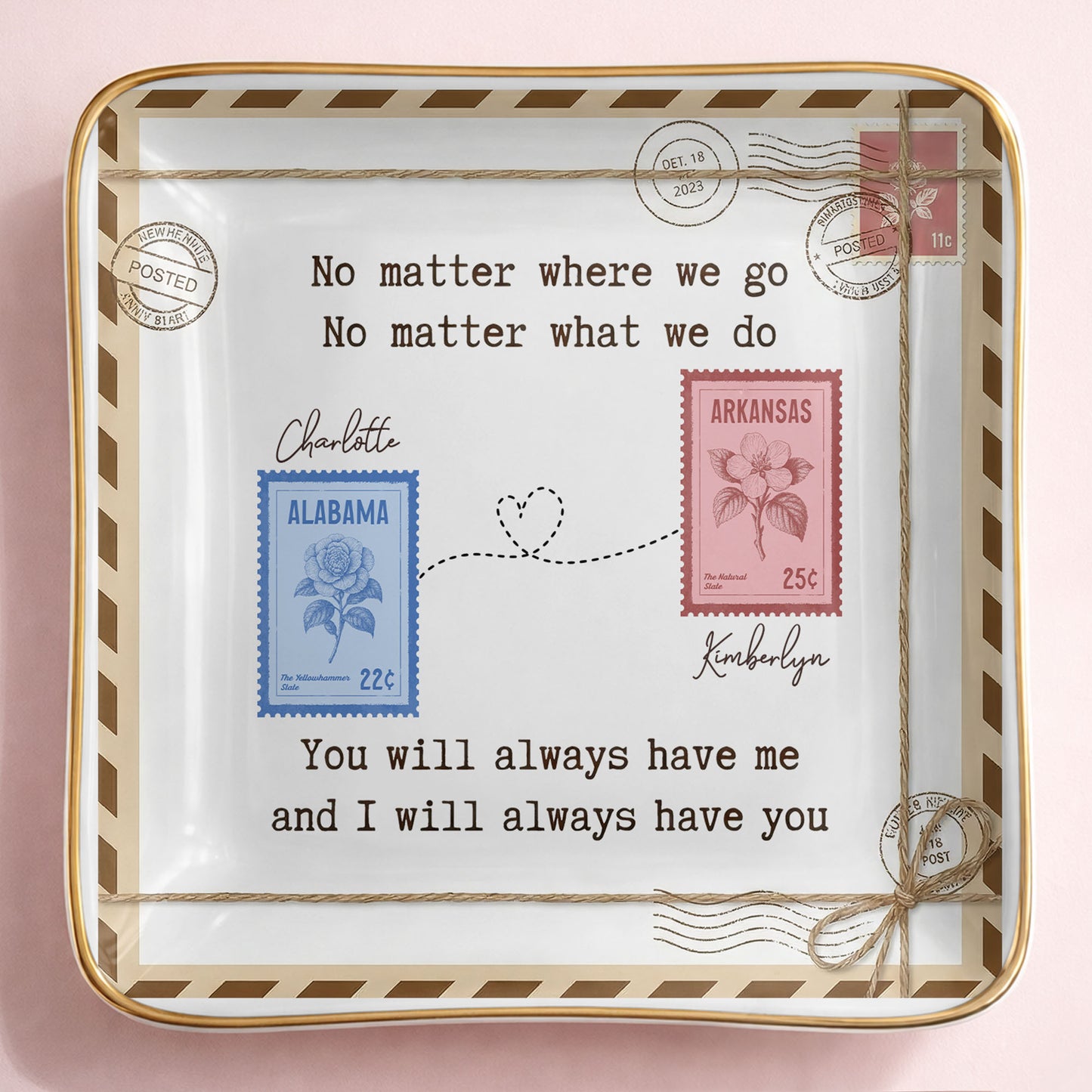 No Matter Where We Go Postage Stamp Design - Personalized Custom Jewelry Dish, Ceramic Dish, Square Shape - BST501_SCRF