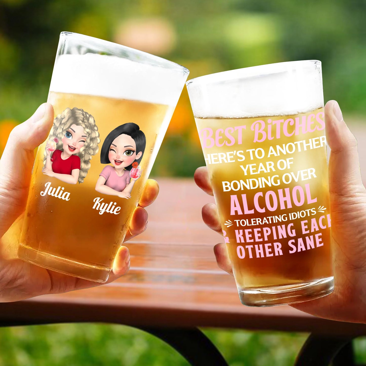 Best B*tches, Bond Over Alcohol - Personalized Custom Beer Glass - BST526_BRG