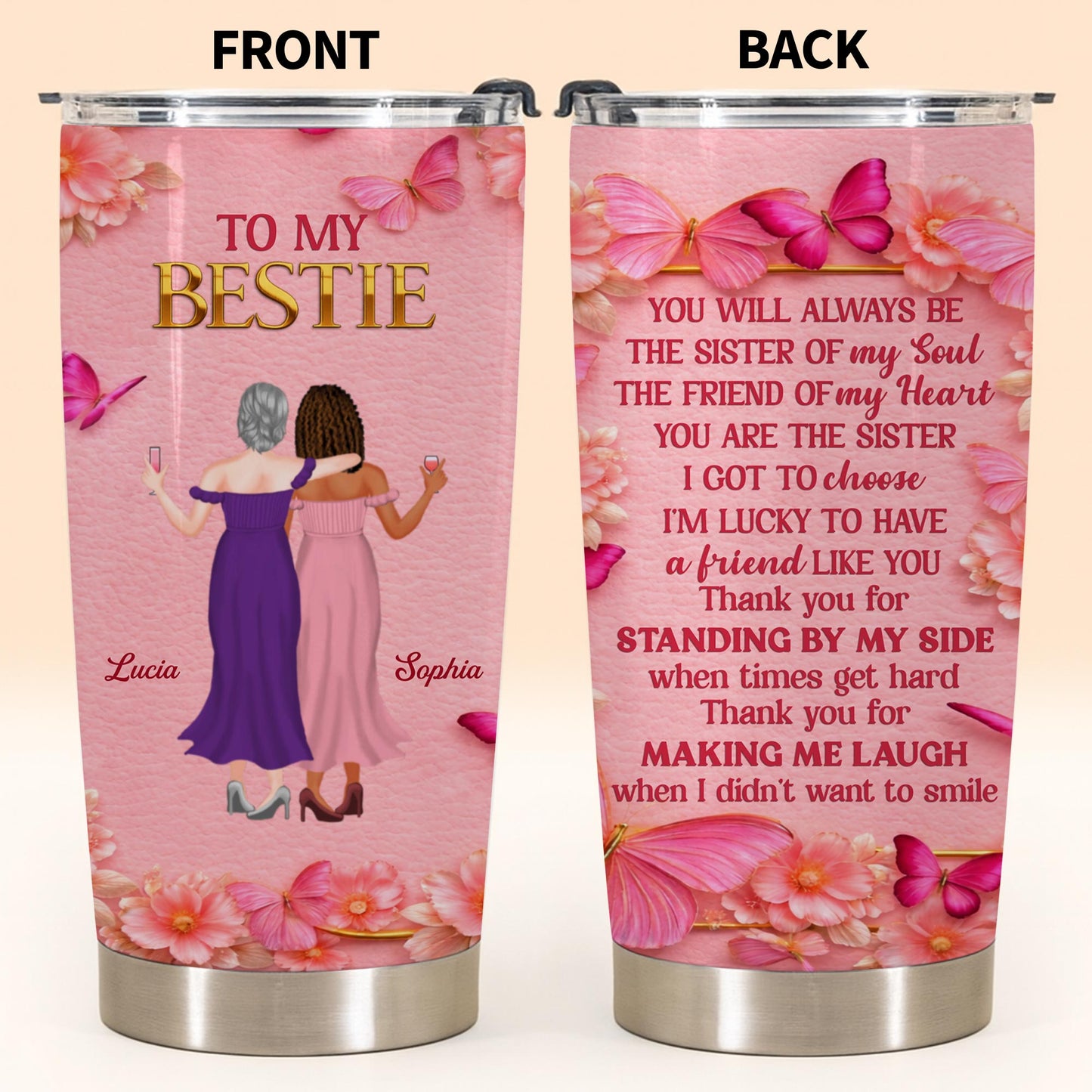 To My Bestie, Women Toasting With Flowers Stainless Steel Tumbler
