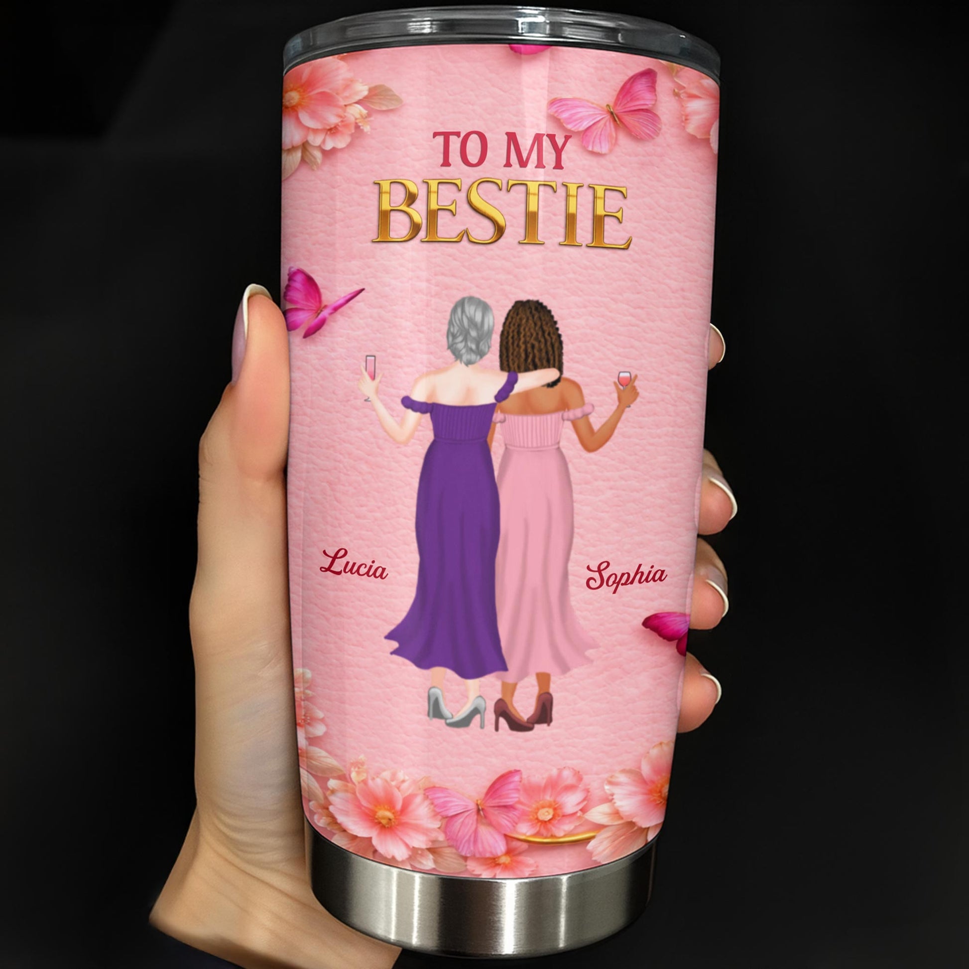 To My Bestie, Women Toasting With Flowers Stainless Steel Tumbler