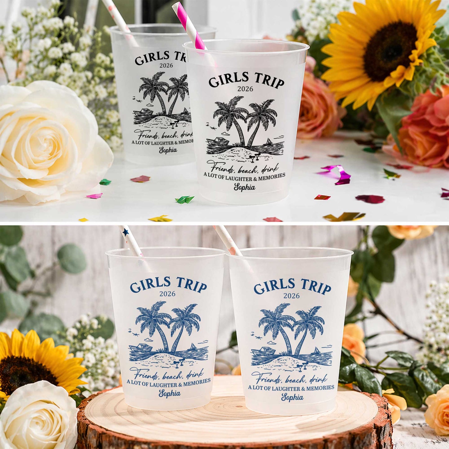 Girls Trip Friends Beach Drink Golden Girls With Palm Trees - Personalized Frosted Cups - BST575_FCUP
