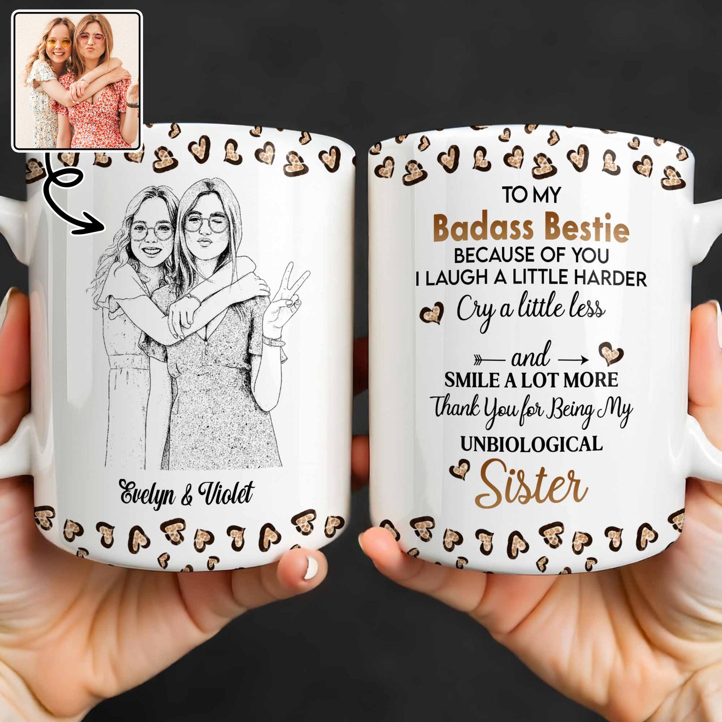 To My Badass Bestie Leopard Hearts And Custom Sketch Girls - Personalized Custom Coffee Mug - BST624_MG