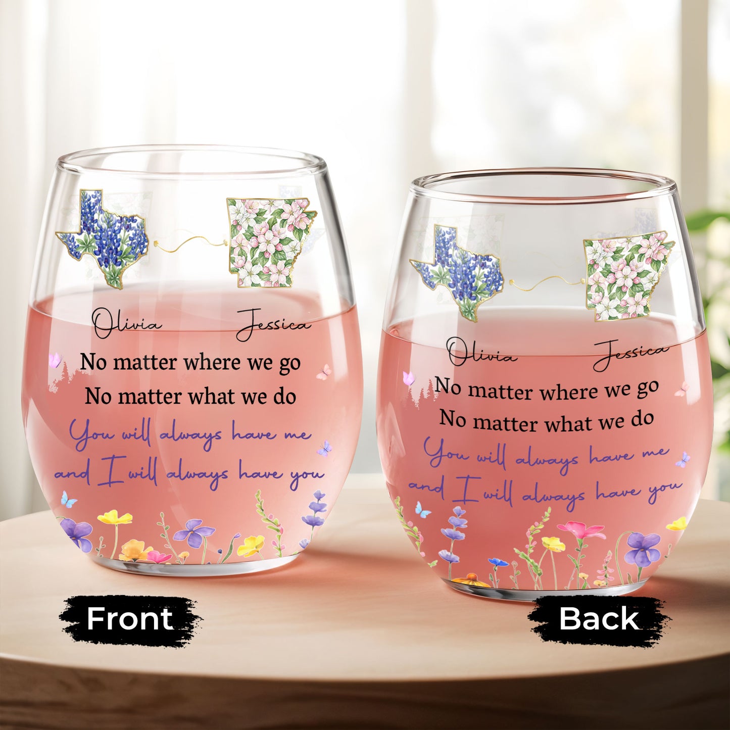 No Matter Where We Go State Outline And Wildflowers - Personalized Stemless Wine Glass - BST680_WIGL