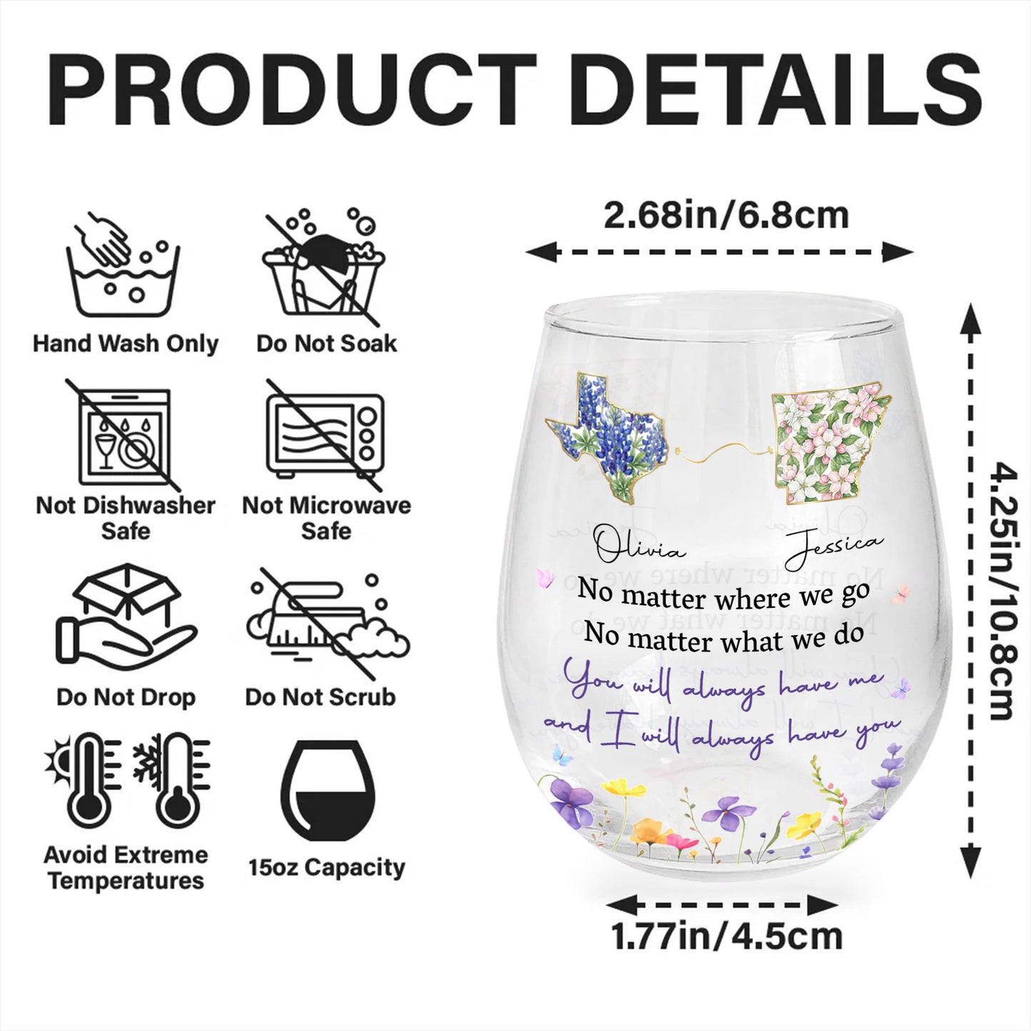No Matter Where We Go State Outline And Wildflowers - Personalized Stemless Wine Glass - BST680_WIGL