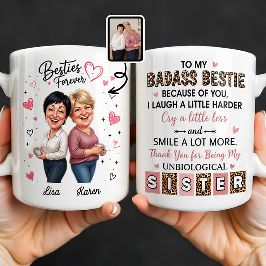 Besties Forever Badass Bestie Unbiological Sister Leopard Hearts - Personalized Custom Coffee Mug - BST718_MG