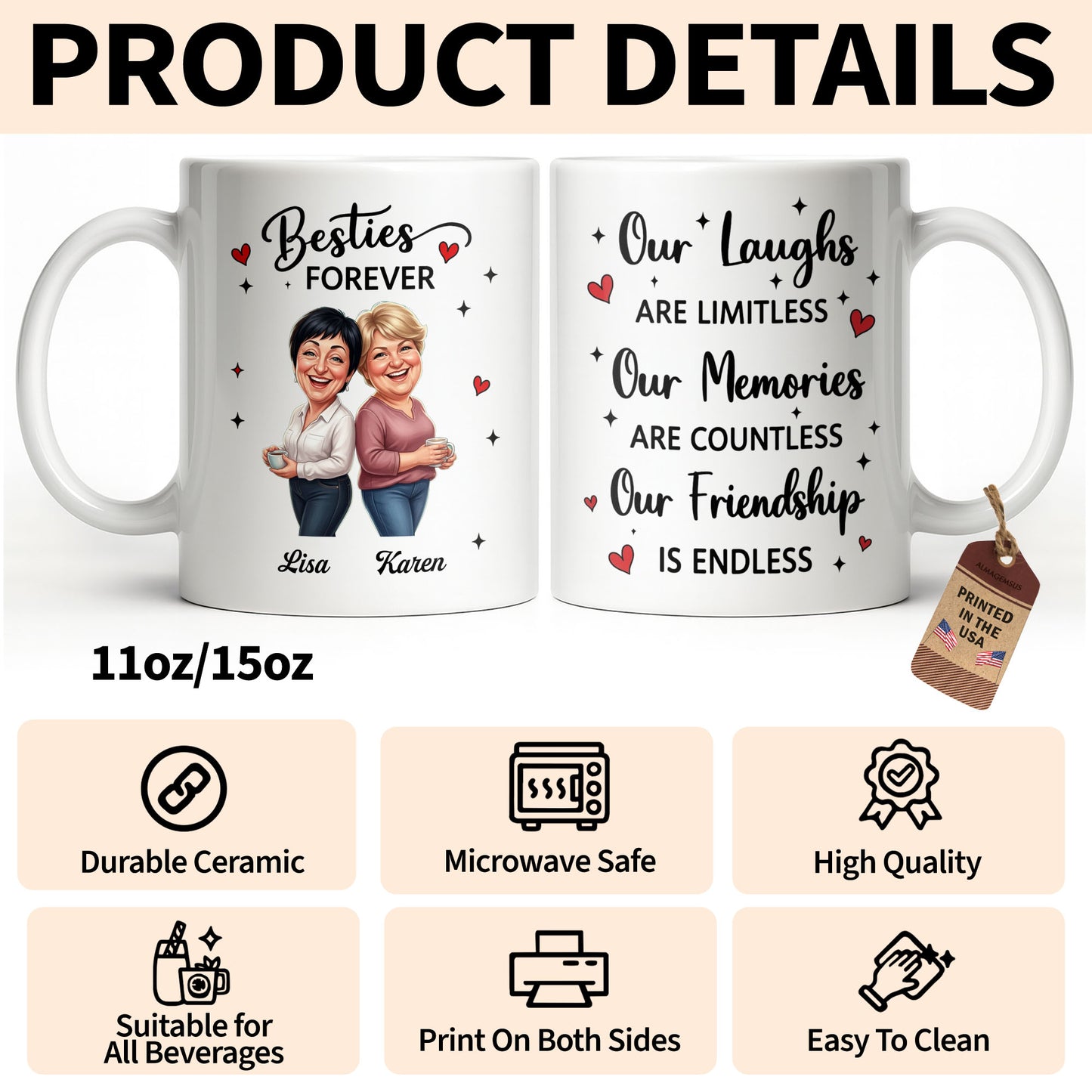 Besties Forever Our Laughs Are Limitless Hearts And Stars Custom Portrait - Personalized Custom Coffee Mug - BST719_MG