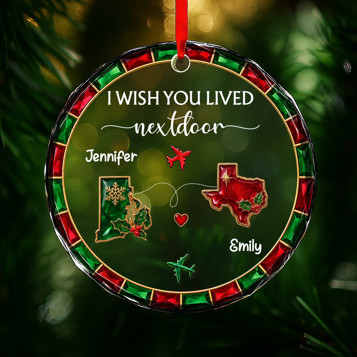 I Wish You Lived Nextdoor Long Distance State Map With Airplane - Personalized Custom Circle Glass Ornament - BST777_CGOR