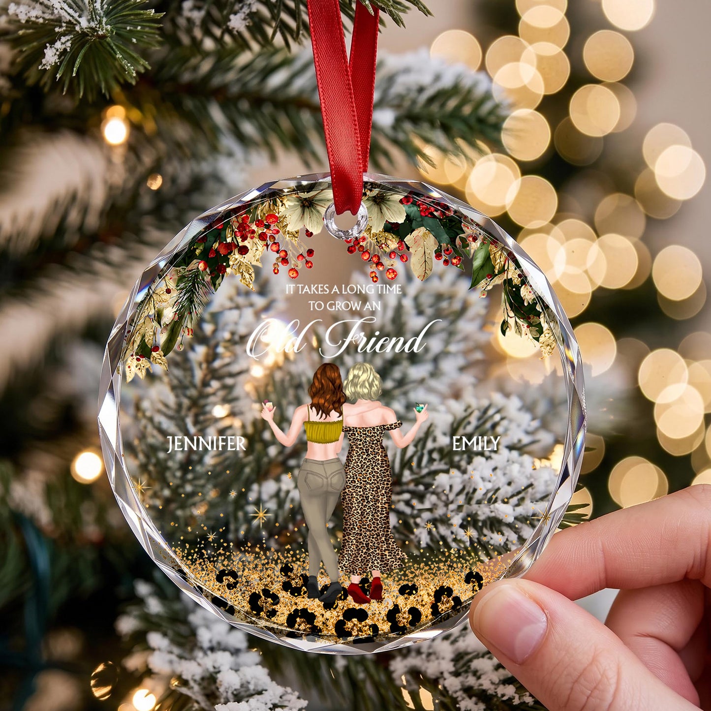 It Takes A Long Time To Grow An Old Friend Leopard Besties - Personalized Custom Circle Glass Ornament - BST778_CGOR
