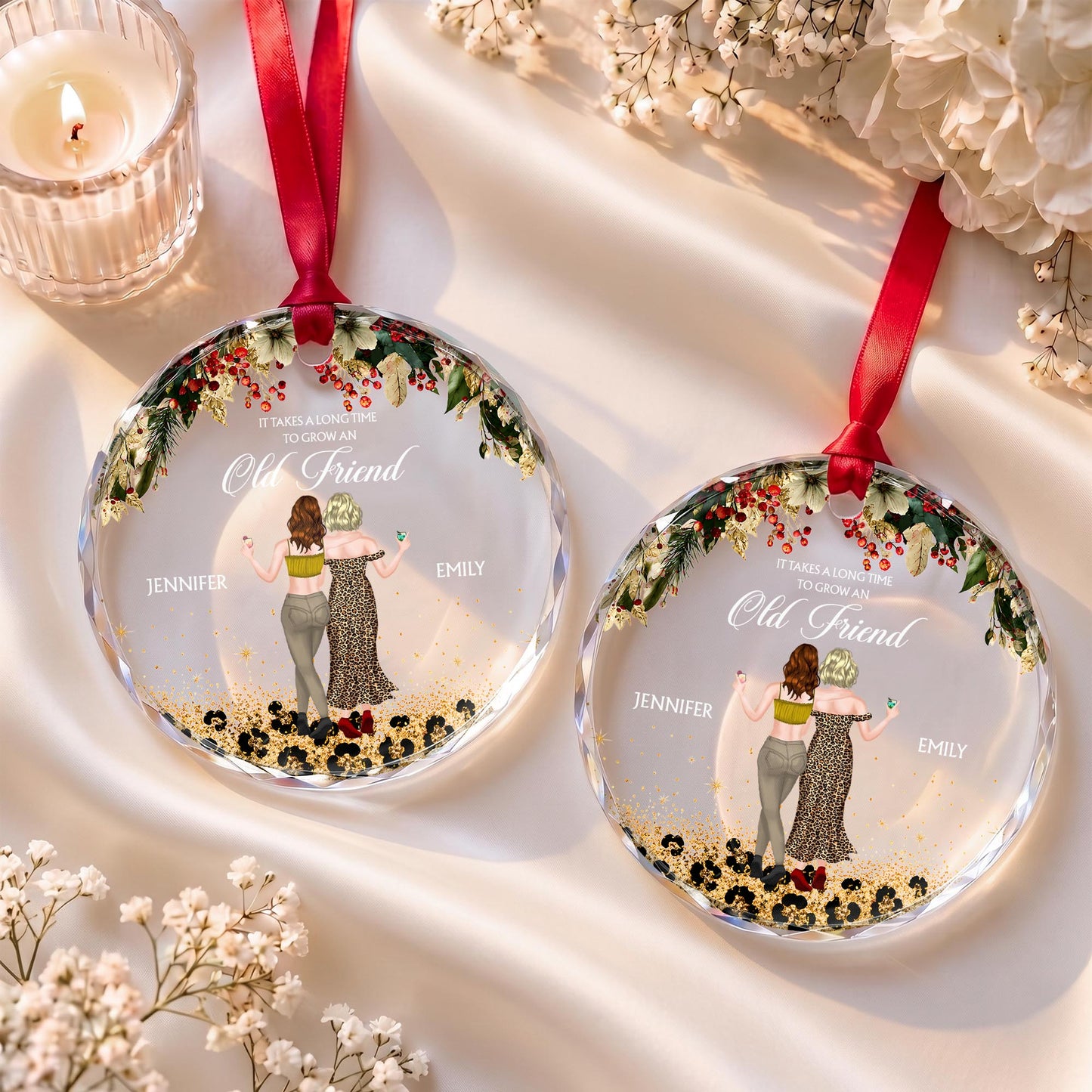 It Takes A Long Time To Grow An Old Friend Leopard Besties - Personalized Custom Circle Glass Ornament - BST778_CGOR