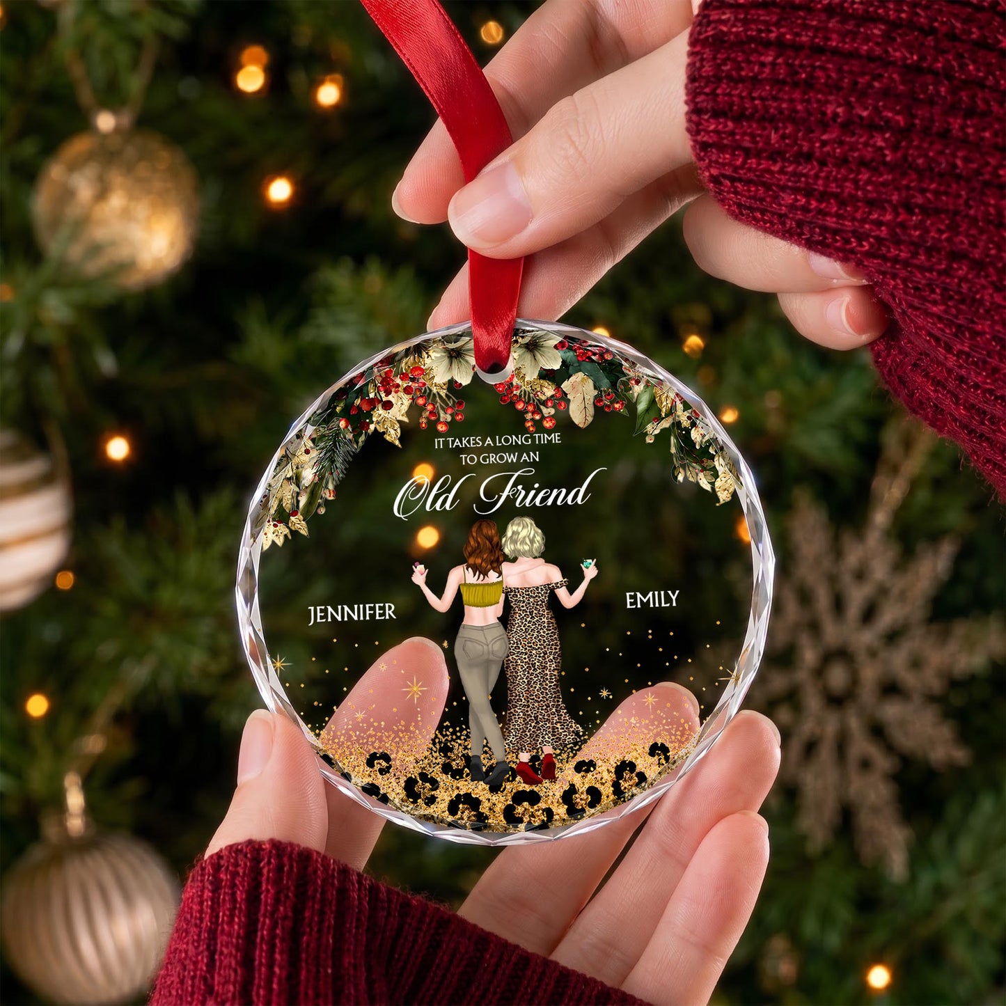 It Takes A Long Time To Grow An Old Friend Leopard Besties - Personalized Custom Circle Glass Ornament - BST778_CGOR