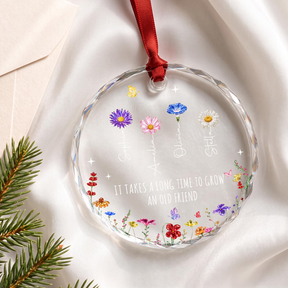 It Takes A Long Time To Grow An Old Friend Birth Month Flowers - Personalized Custom Circle Glass Ornament - BST901_CGOR