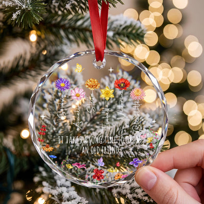 It Takes A Long Time To Grow An Old Friend Birth Month Flowers - Personalized Custom Circle Glass Ornament - BST901_CGOR