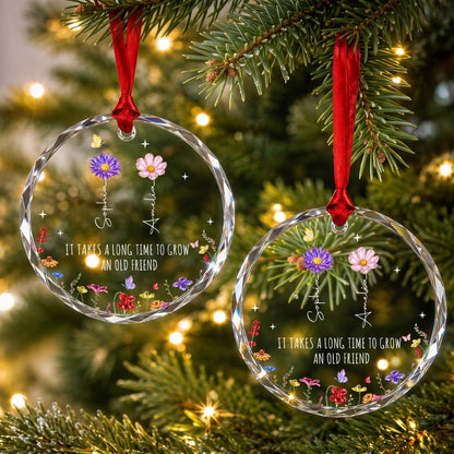 It Takes A Long Time To Grow An Old Friend Birth Month Flowers - Personalized Custom Circle Glass Ornament - BST901_CGOR