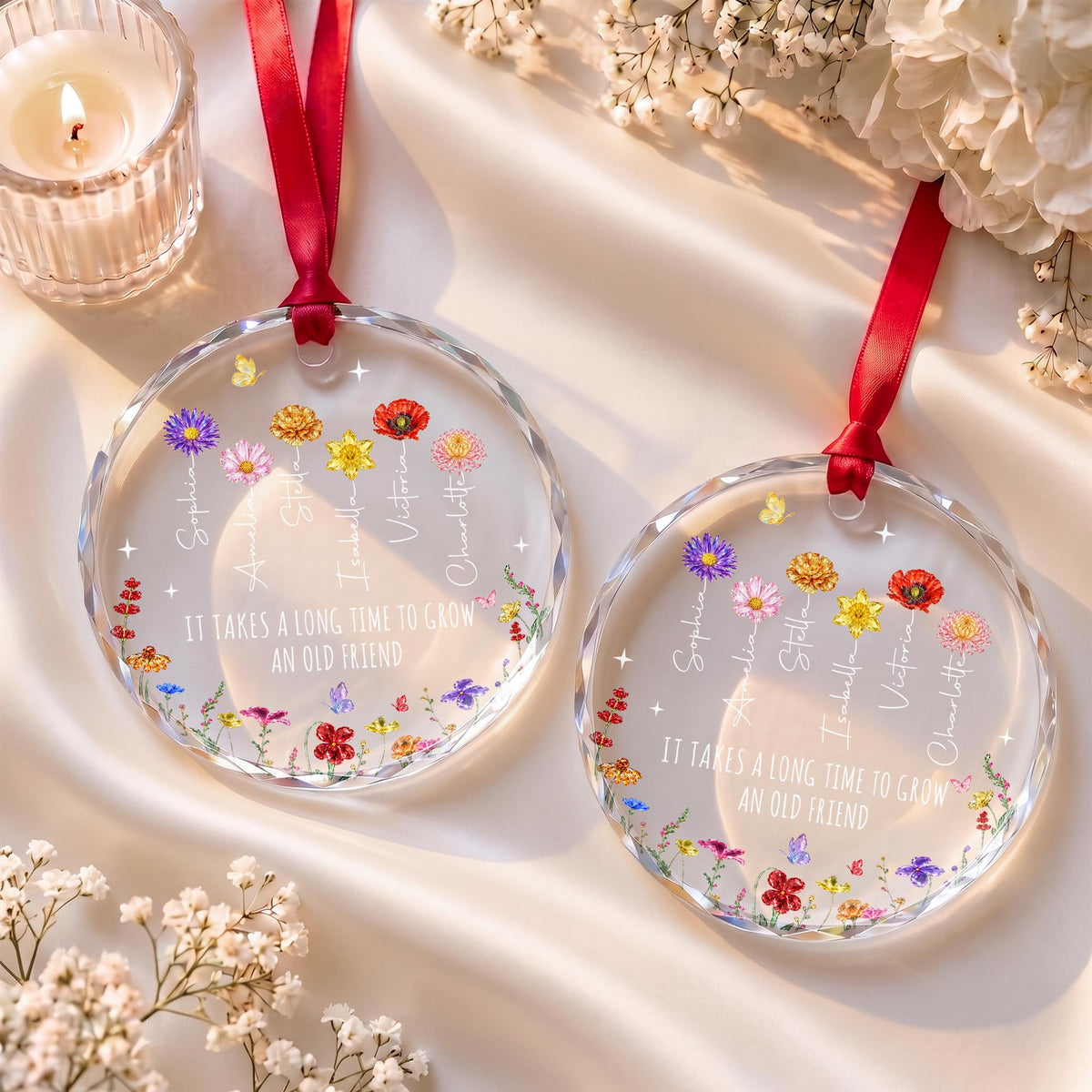 It Takes A Long Time To Grow An Old Friend Birth Month Flowers - Personalized Custom Circle Glass Ornament - BST901_CGOR