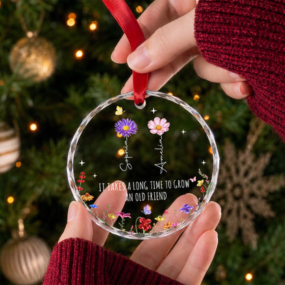 It Takes A Long Time To Grow An Old Friend Birth Month Flowers - Personalized Custom Circle Glass Ornament - BST901_CGOR