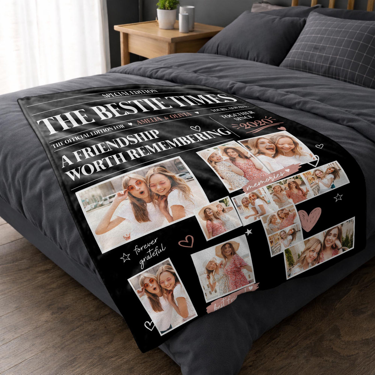 The Bestie Times A Friendship Worth Remembering Newspaper With Photos - Personalized Custom Blanket - BST917_BLK