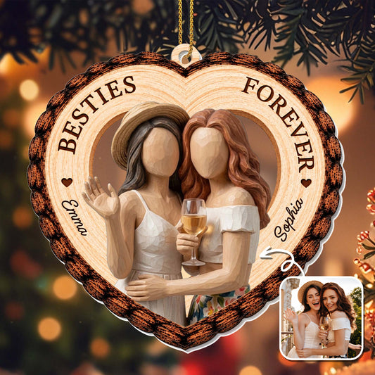 Besties Forever Wood Grain Heart With Two Girls And Wine - Personalized Custom Acrylic Ornament, Christmas Gift - BST924_ACO