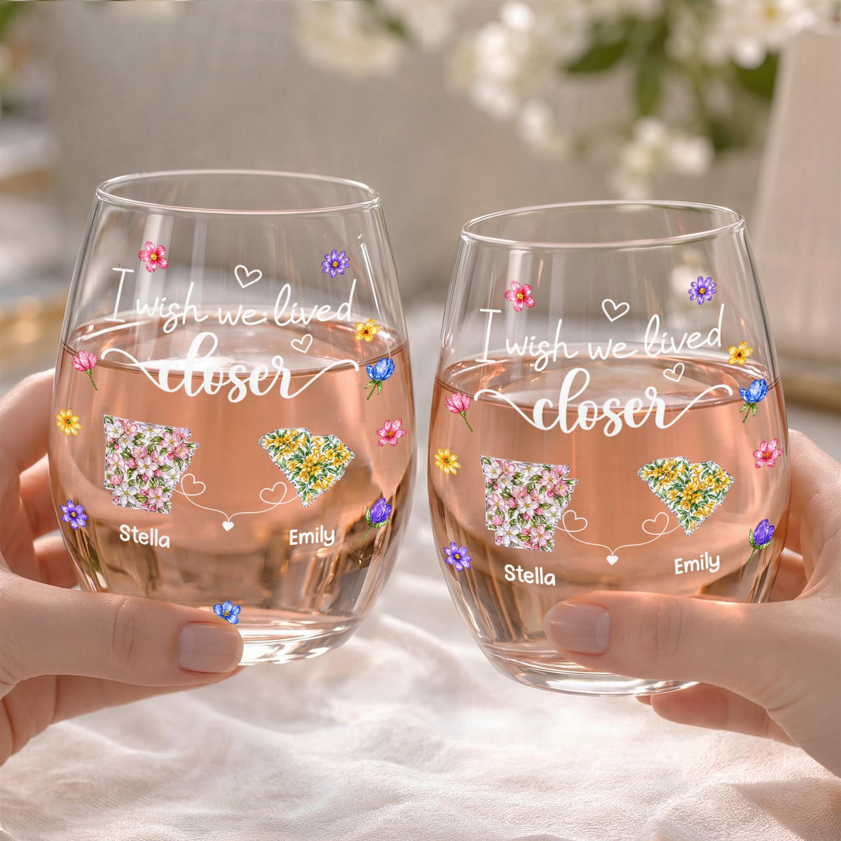 I Wish We Lived Closer Floral States And Hearts Art - Personalized Stemless Wine Glass - BST934_WIGL