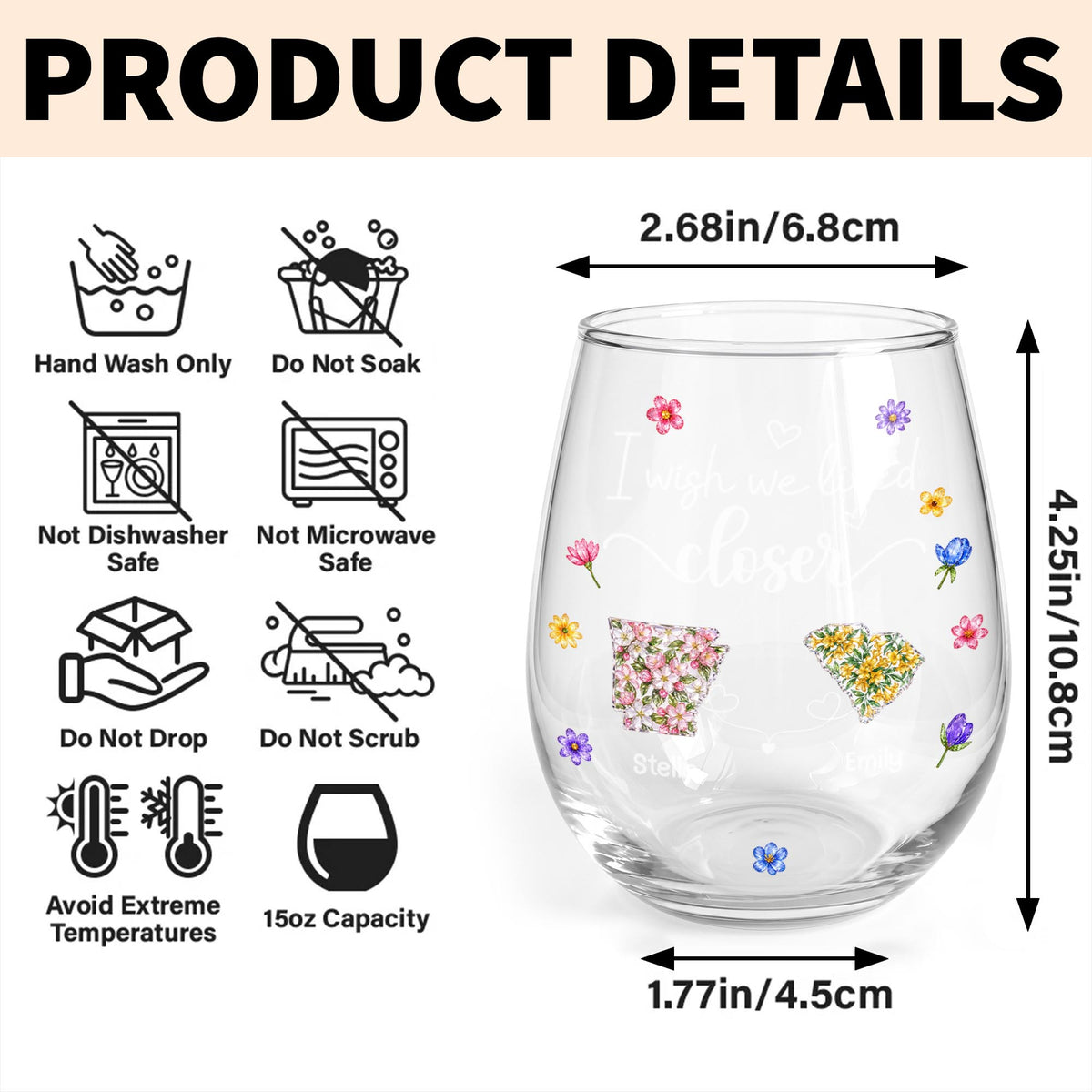 I Wish We Lived Closer Floral States And Hearts Art - Personalized Stemless Wine Glass - BST934_WIGL