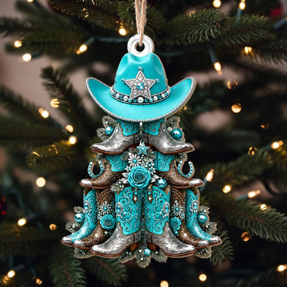 Howdy Western Christmas Cowgirl Boots And Hat Tree Design - Personalized Custom Wood Ornament, Custom Shaped - DTG147_WDO