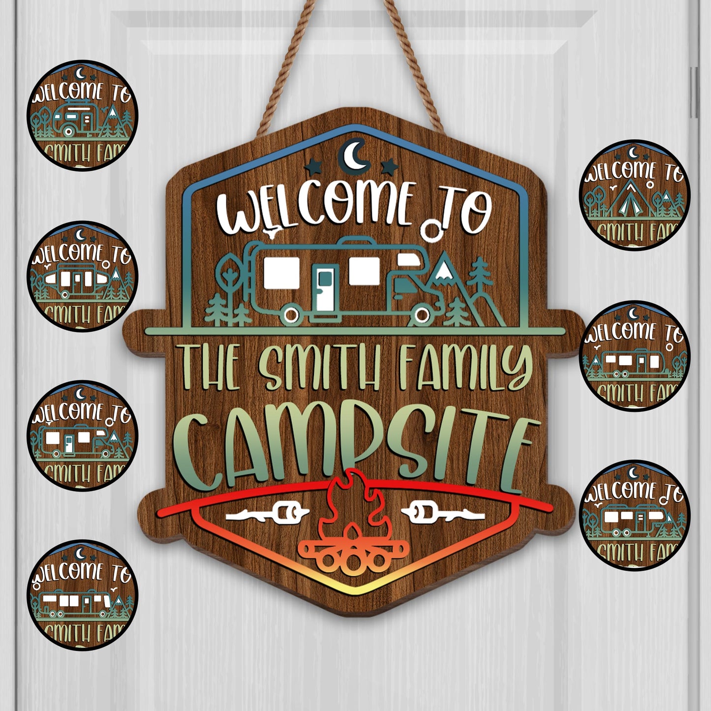 Welcome To The Smith Family Campsite With Campfire, RV, And Trees