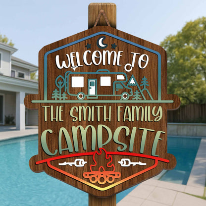 Welcome To The Smith Family Campsite With Campfire, RV, And Trees