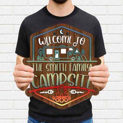 Welcome To The Smith Family Campsite With Campfire, RV, And Trees