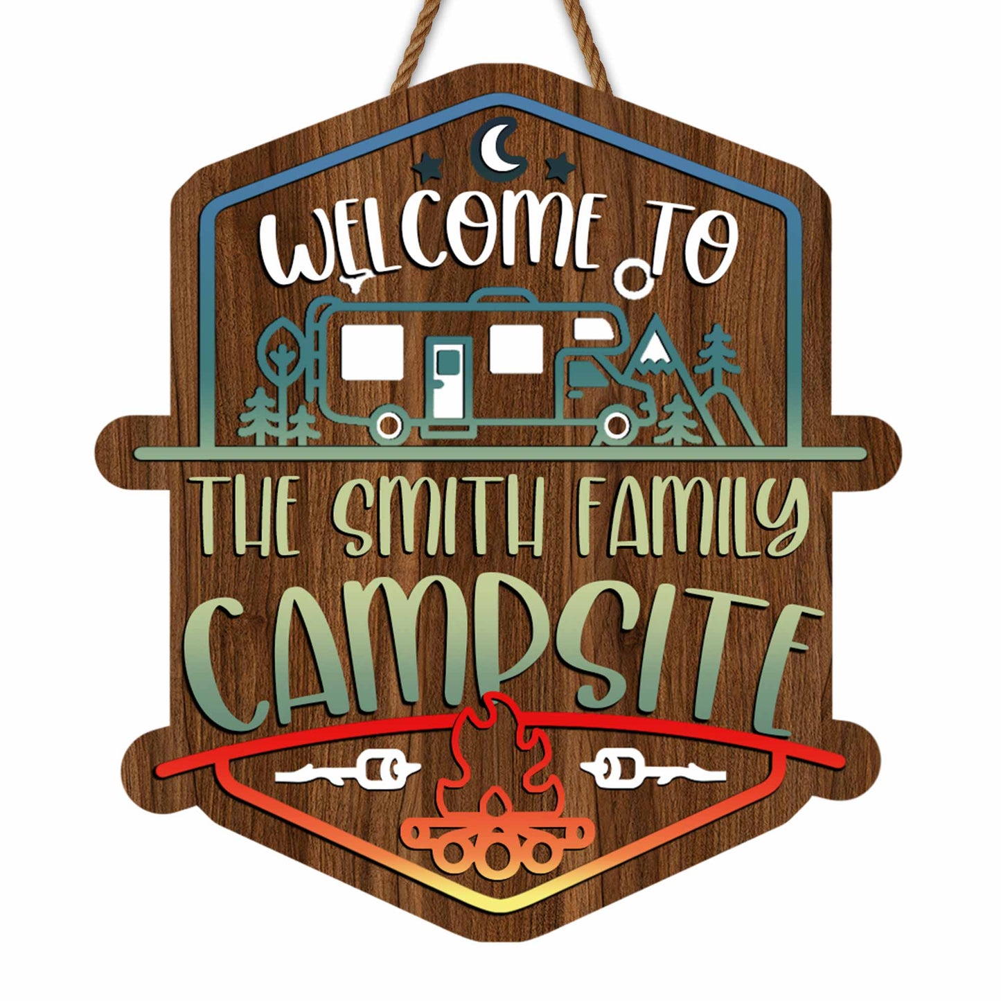 Welcome To The Smith Family Campsite With Campfire, RV, And Trees