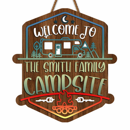 Welcome To The Smith Family Campsite With Campfire, RV, And Trees