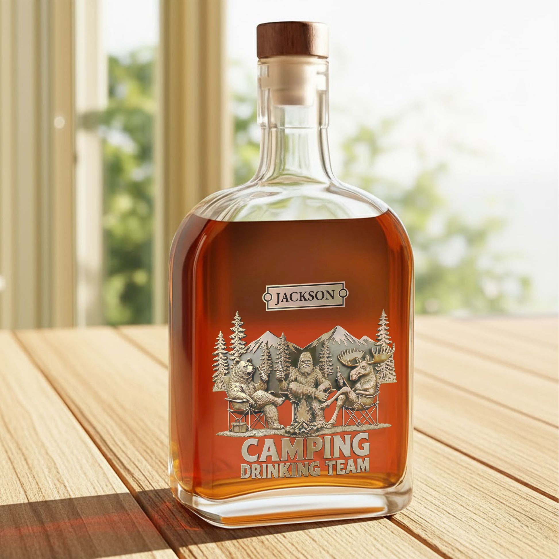 Camping Drinking Team Sasquatch Bear and Moose Around Campfire