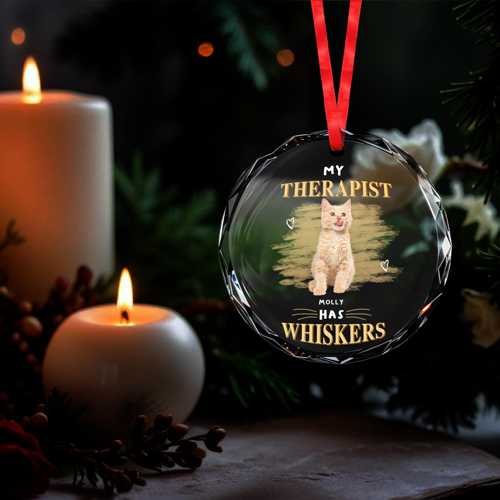 My Therapist Has Whiskers Circle Glass Ornament