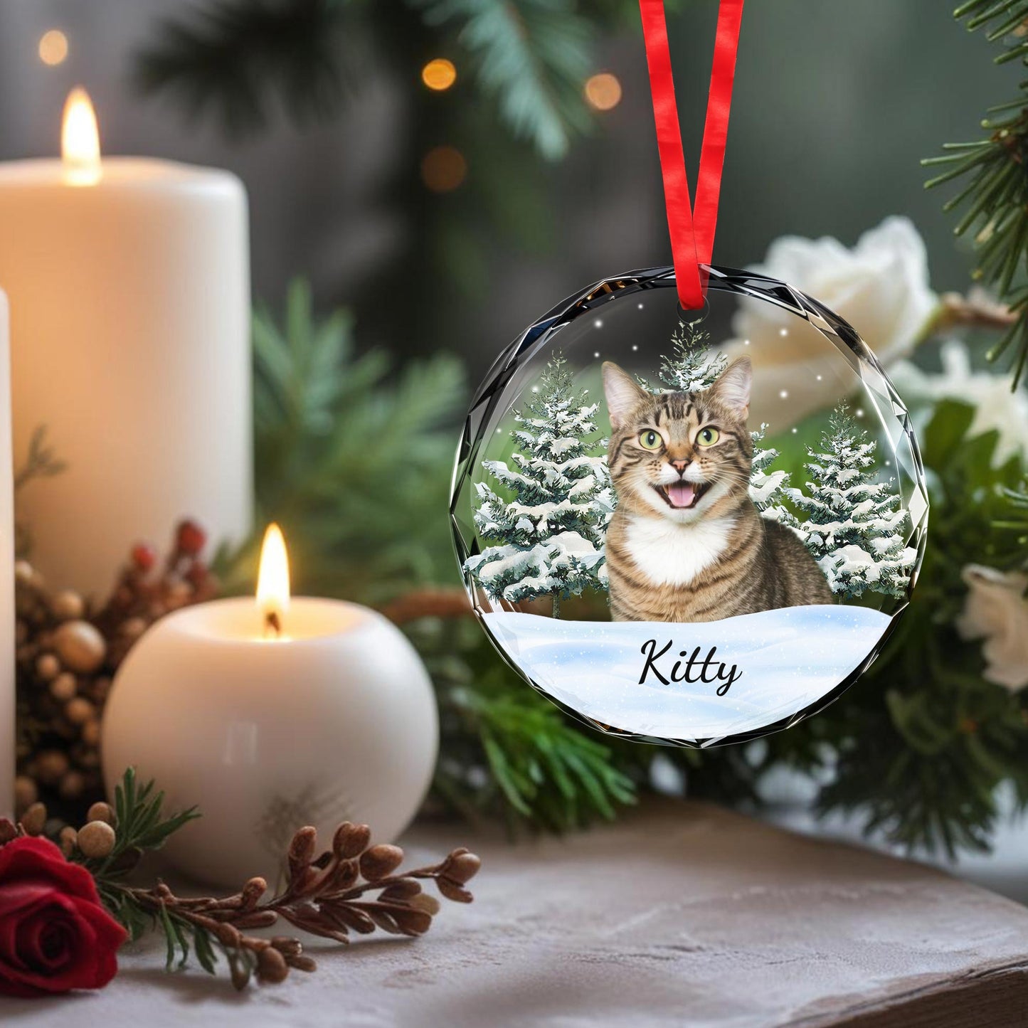 Cherish Your Furry Friends This Season - Personalized Custom Circle Glass Ornament - CAT011_CGOR