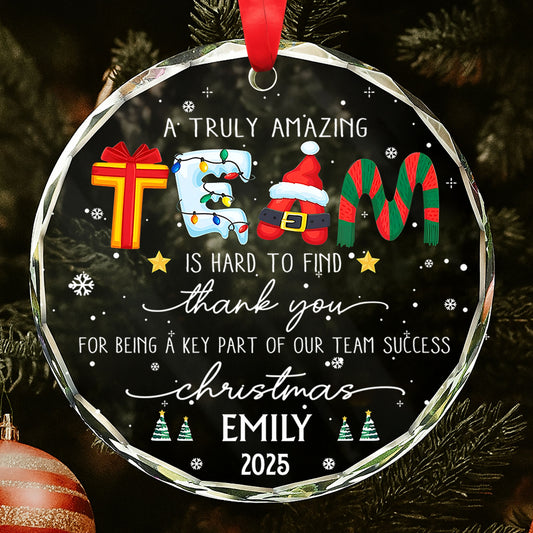 Un grand merci à notre équipe, au Père Noël et à nos cadeaux ! Décoration en verre personnalisée en forme de cercle - COL035_CGOR 