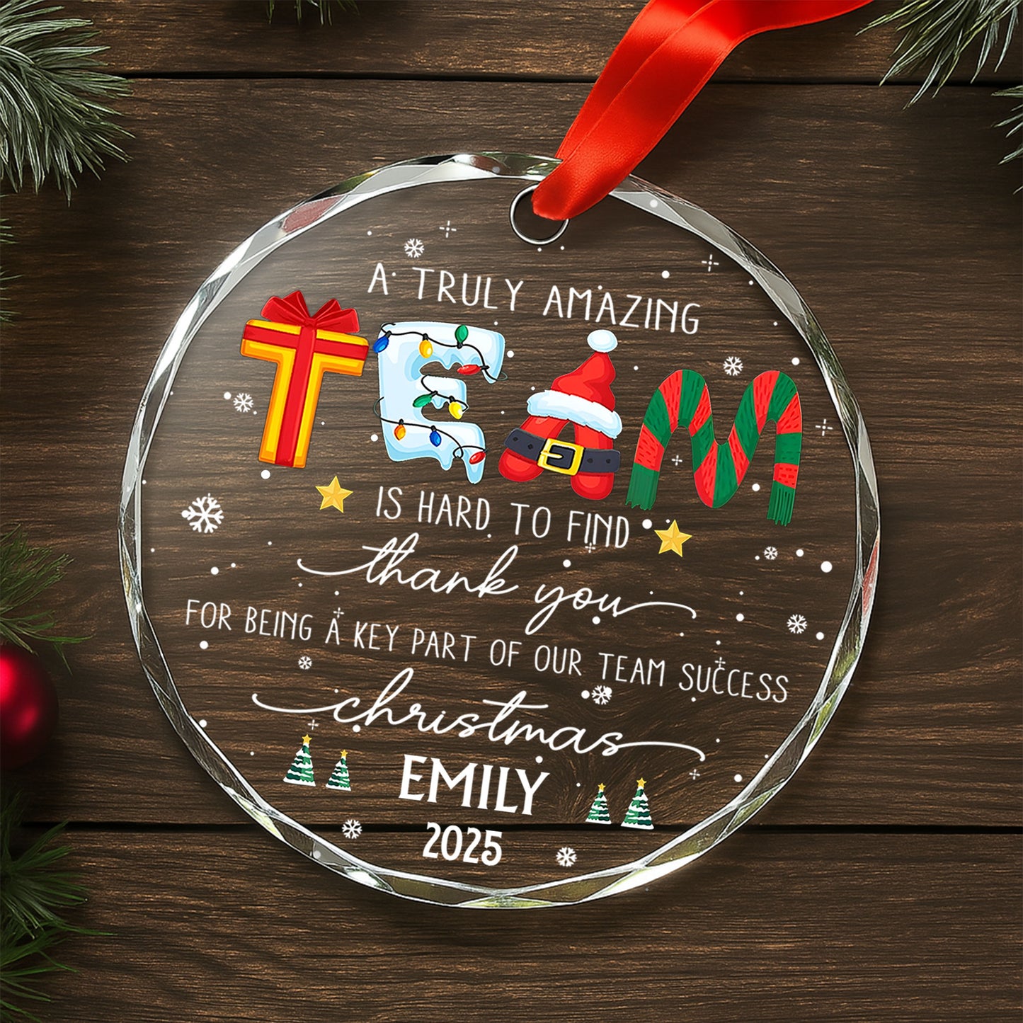 Un agradecimiento verdaderamente increíble para nuestro equipo, Papá Noel y los regalos - Adorno circular de vidrio personalizado - COL035_CGOR 