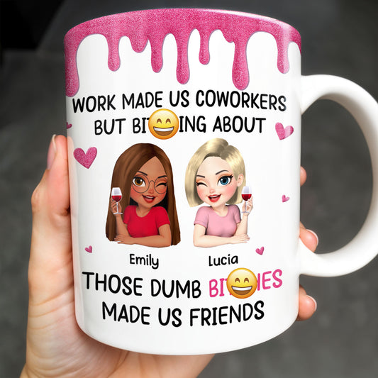 Work Made Us Coworkers, Cartoon Portraits And Wine Glass