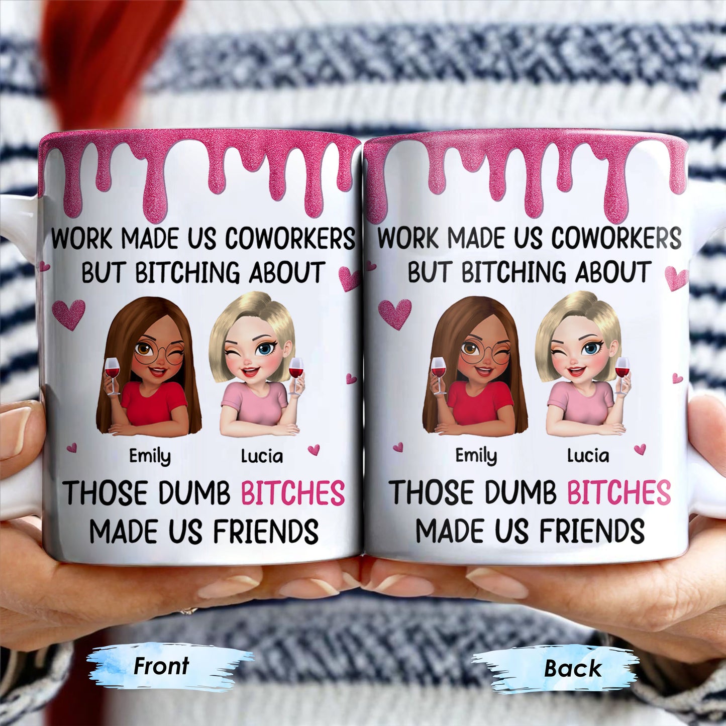 Work Made Us Coworkers, Cartoon Portraits And Wine Glass