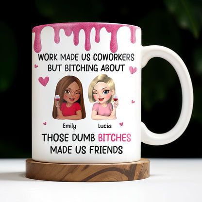 Work Made Us Coworkers, Cartoon Portraits And Wine Glass