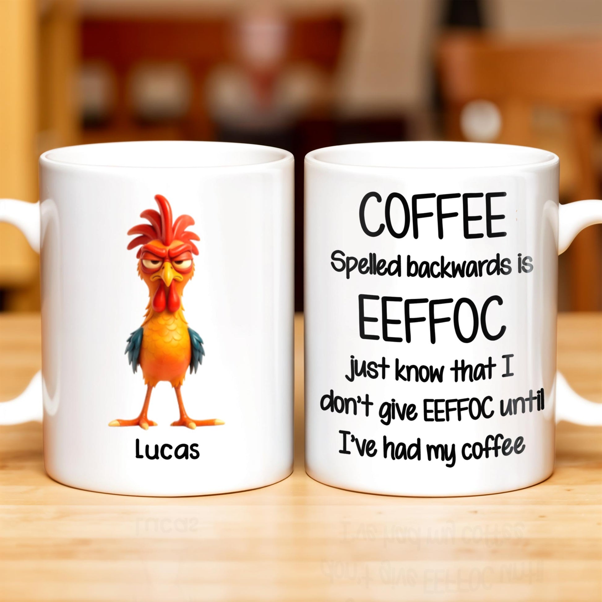 Coffee Spelled Backwards Is EEFFOC, Humorous Phrase With Rooster
