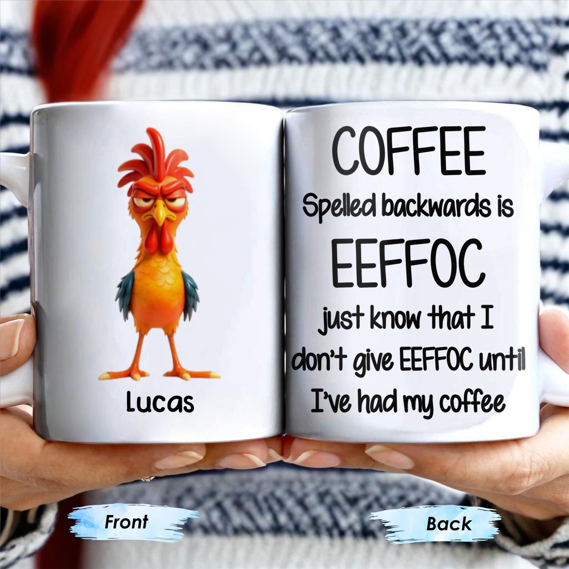 Coffee Spelled Backwards Is EEFFOC, Humorous Phrase With Rooster