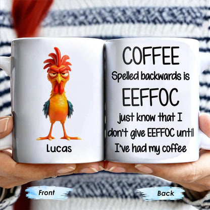 Coffee Spelled Backwards Is EEFFOC, Humorous Phrase With Rooster
