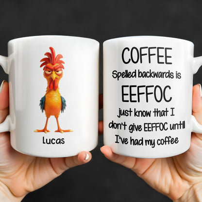 Coffee Spelled Backwards Is EEFFOC, Humorous Phrase With Rooster
