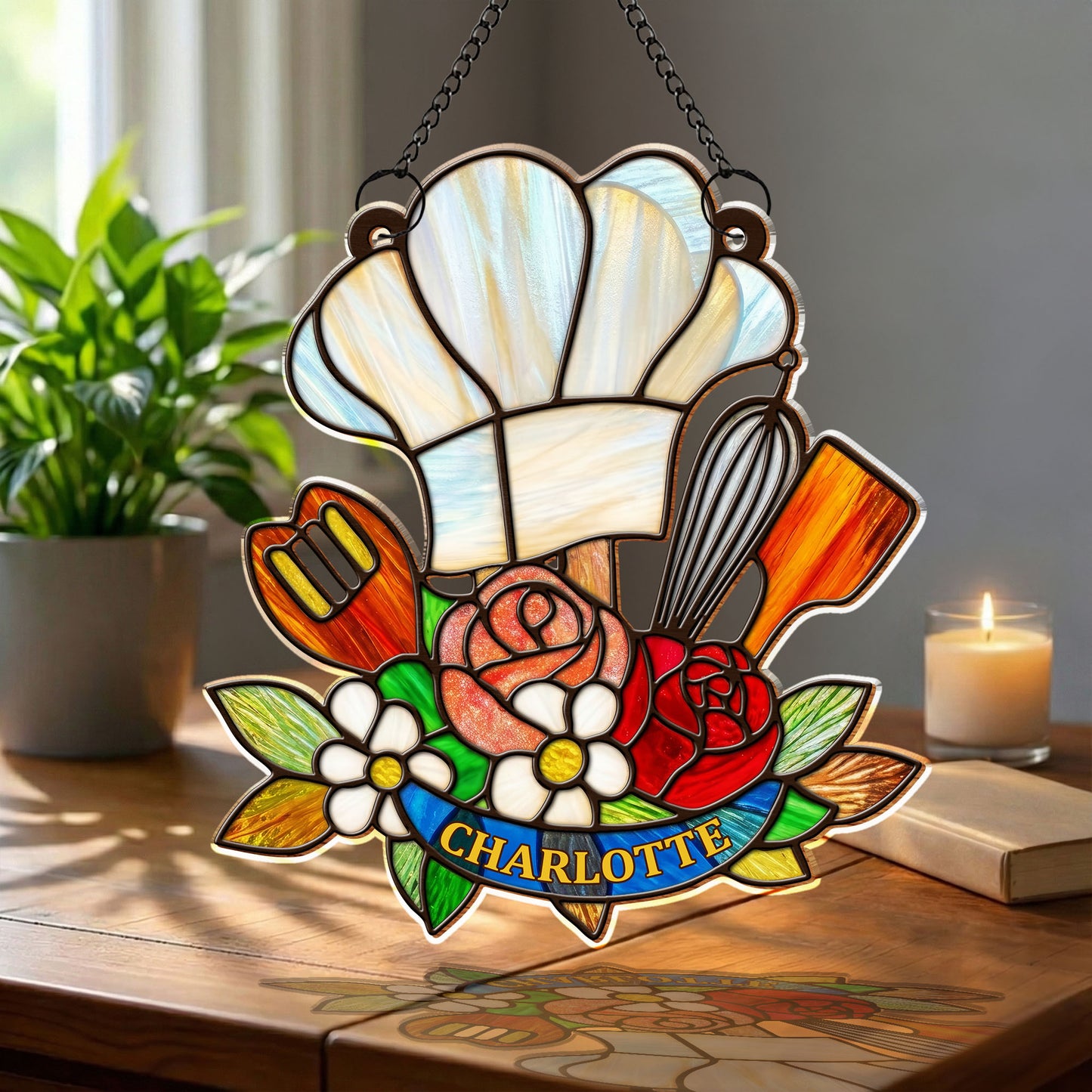 Where There Is A Whisk Chef Hat And Kitchen Flowers - Personalized Custom Suncatcher - COOK048_CSUN