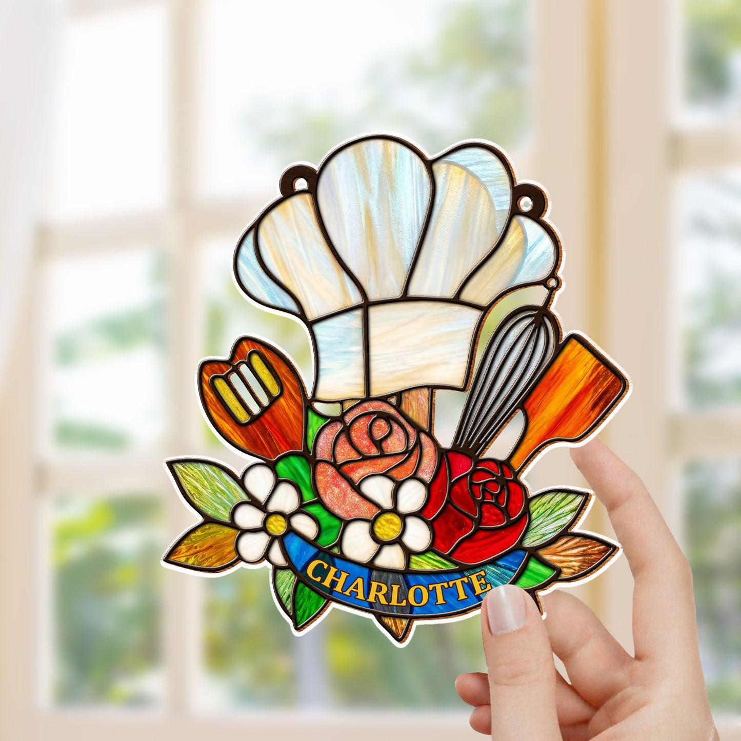 Where There Is A Whisk Chef Hat And Kitchen Flowers - Personalized Custom Suncatcher - COOK048_CSUN