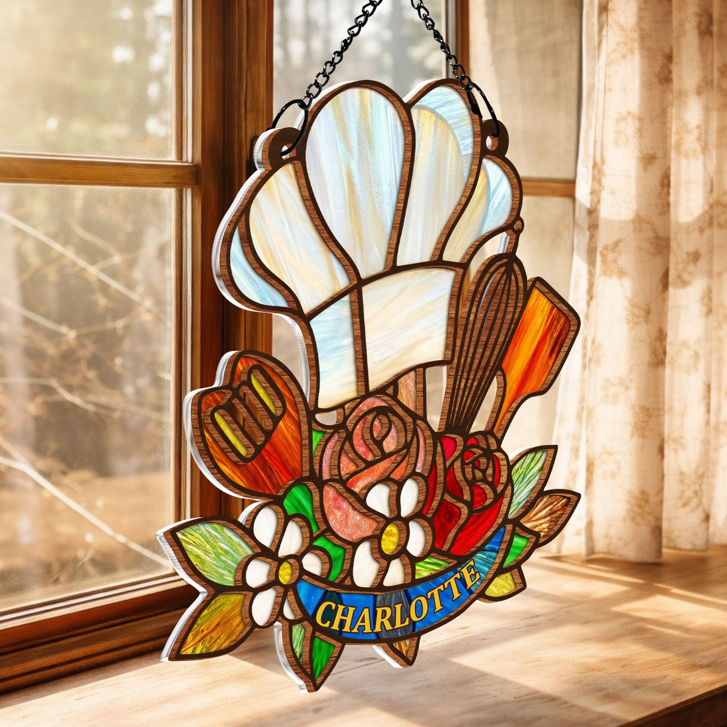 Where There Is A Whisk Chef Hat And Kitchen Flowers - Personalized Custom Suncatcher - COOK048_CSUN