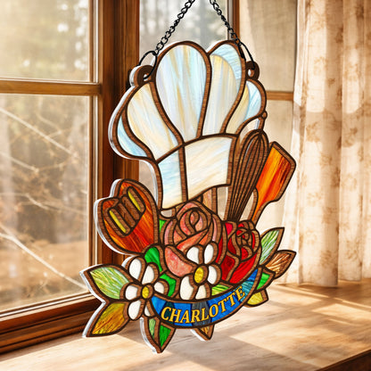 Where There Is A Whisk Chef Hat And Kitchen Flowers - Personalized Custom Suncatcher - COOK048_CSUN