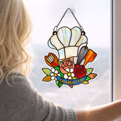 Where There Is A Whisk Chef Hat And Kitchen Flowers - Personalized Custom Suncatcher - COOK048_CSUN