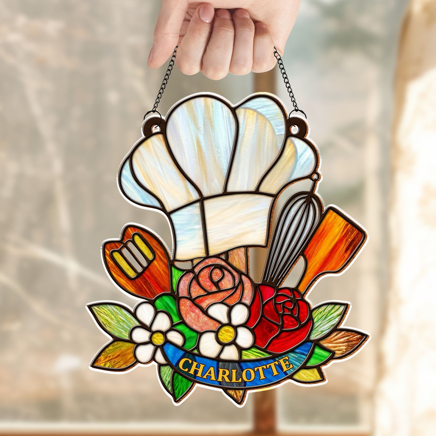 Where There Is A Whisk Chef Hat And Kitchen Flowers - Personalized Custom Suncatcher - COOK048_CSUN
