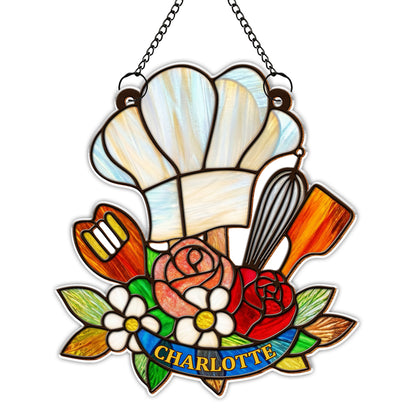 Where There Is A Whisk Chef Hat And Kitchen Flowers - Personalized Custom Suncatcher - COOK048_CSUN