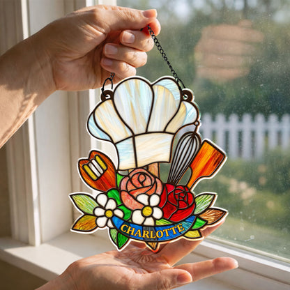 Where There Is A Whisk Chef Hat And Kitchen Flowers - Personalized Custom Suncatcher - COOK048_CSUN