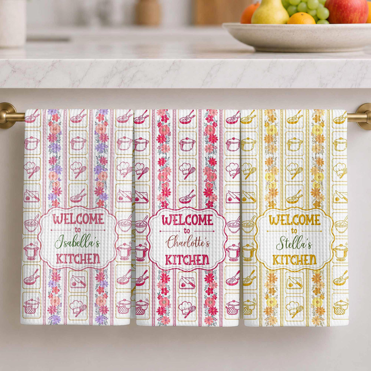 Welcome To My Kitchen Floral Utensils Personalized Kitchen Towel - Personalized Kitchen Towel - COOK077_TOWL